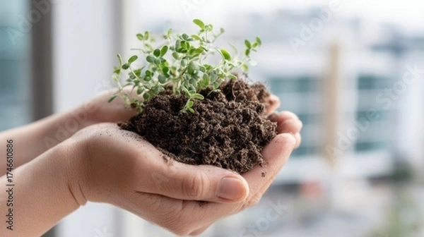 Obraz Hands holding small plant with soil environmental growth concept