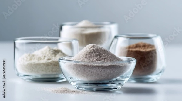 Obraz Assorted grain flours in glass bowls on white surface with blue backdrop