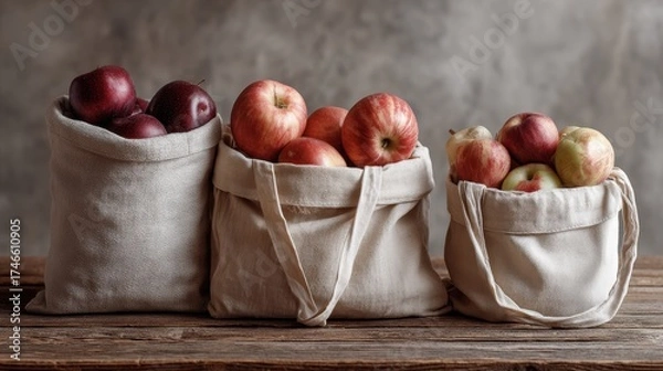 Obraz Eco-friendly cotton bags filled with fresh red and green apples on wooden table