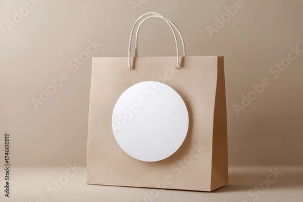 Obraz Beige paper shopping bag with blank circle label on neutral background