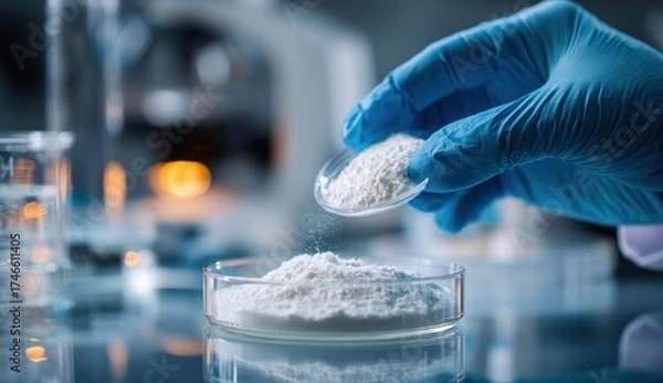 Fototapeta Scientist wearing blue gloves handling powder sample in laboratory setting