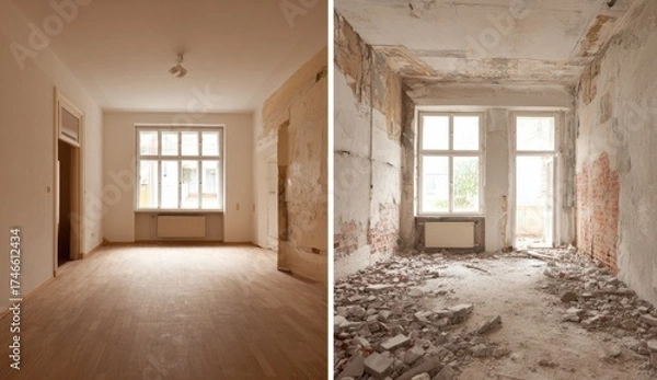 Obraz Side by side comparison of a renovated empty room and a dilapidated room with debris on the floor