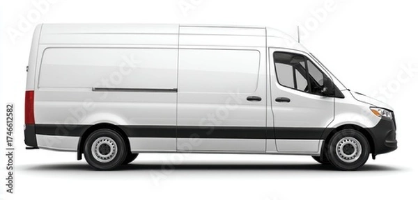 Fototapeta Side view of a large white cargo van with black accents and tinted