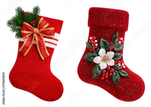 Obraz One Christmas stocking with bow and pine needles, another one with embroidered flower and berry decoration on transparent background