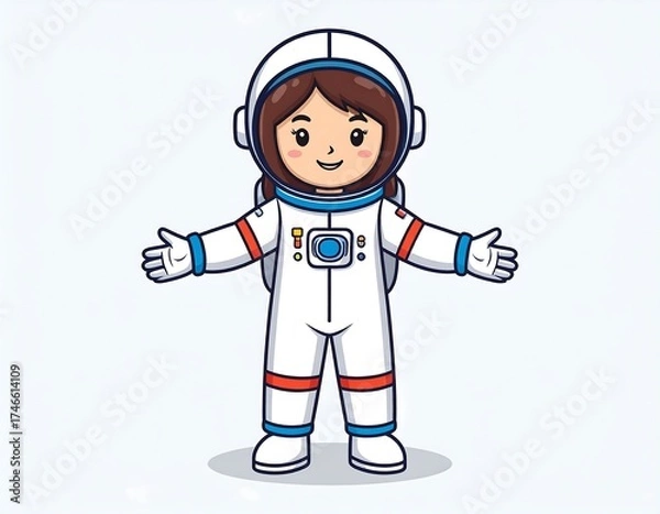 Fototapeta Cute cartoon astronaut girl with open arms for space exploration