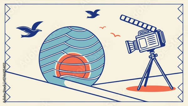 Fototapeta Vintage Illustration of Birds Circle with Orange and Camera Retro Poster Style.