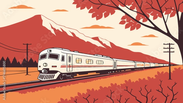 Fototapeta Vintage train journey through autumnal landscape scenic railroad travel mountain backdrop illustration.