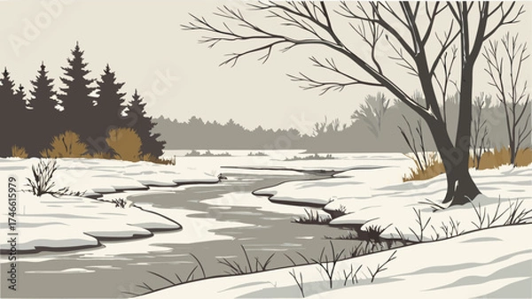 Fototapeta Winter Creek Scene in a Snowy Forest.