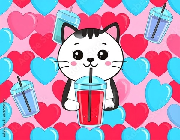 Fototapeta Cute cartoon cat drinking juice surrounded by hearts and drinks for Valentine's Day