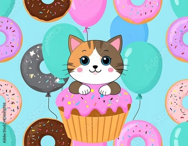 Fototapeta Cute cartoon cat with a cupcake and donuts in a colorful birthday pattern