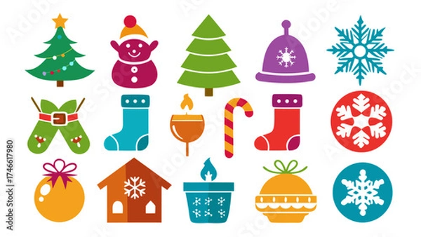 Fototapeta Vector art of colorful christmas icons with christmas tree, snowman, sock and candy cane