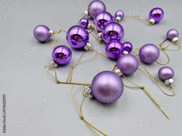 Obraz Christmas decorations scattered across the surface, close-up view from above, against a light background