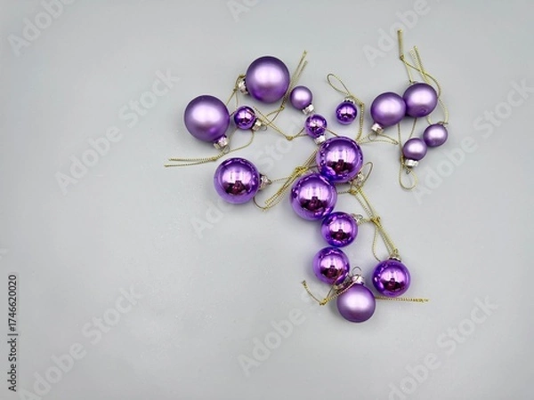 Obraz Christmas decorations scattered across the surface, close-up view from above, against a light background