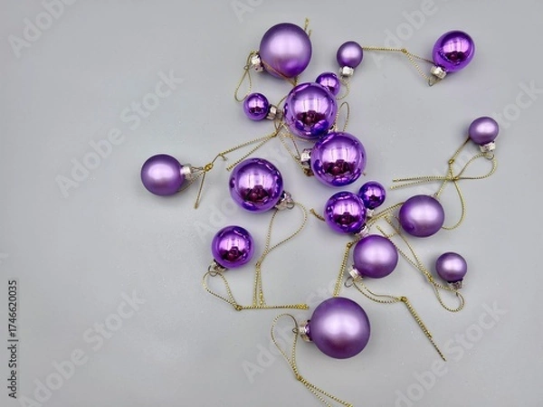 Obraz Christmas decorations scattered across the surface, close-up view from above, against a light background