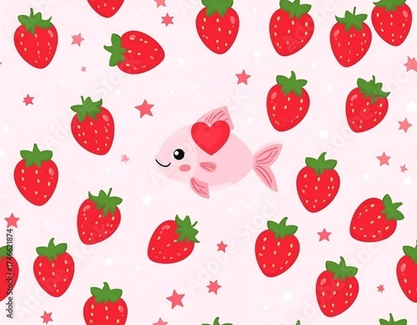 Fototapeta Cute Cartoon Fish with Strawberries Seamless Pattern for Kids Design