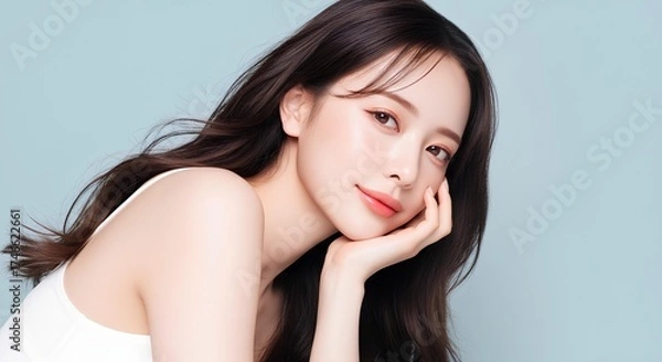 Obraz ナチュラルメイクの美しい若い女性のポートレート、清潔感のあるスキンケアイメージ