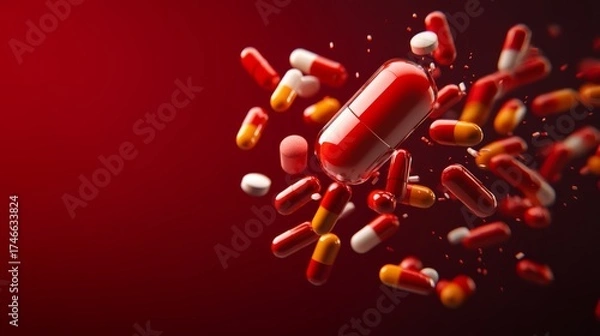 Fototapeta Explosive event capsule medications in mid-air pharmaceutical lab digital art red background dynamic viewpoint health concept