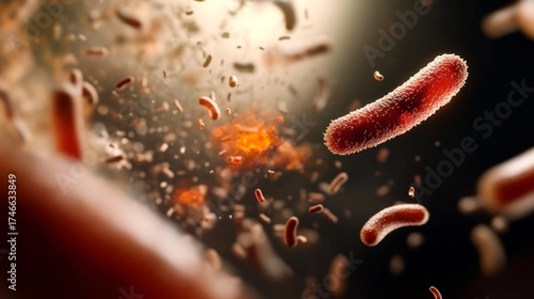 Fototapeta Microbial action and interaction of bacteria in a laboratory environment scientific visualization close-up perspective microbiology concept