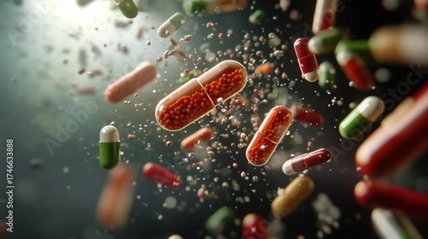 Fototapeta Exploring pharmaceutical innovation the dynamic world of capsules and medication in a lab environment