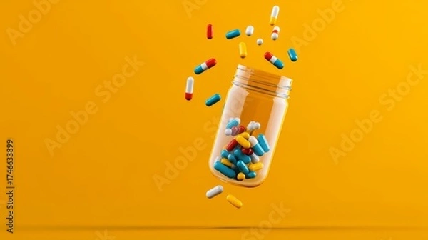 Fototapeta Pills and capsules in motion bright yellow background digital art vibrant environment close-up view health and wellness concept