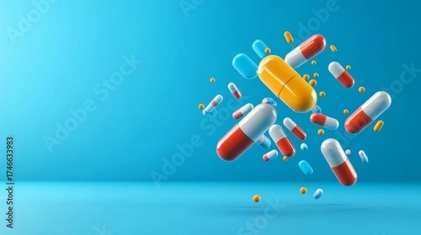 Fototapeta Dynamic burst of colorful capsules pharmacy setting digital artwork clean background creative perspective pharmaceutical innovation