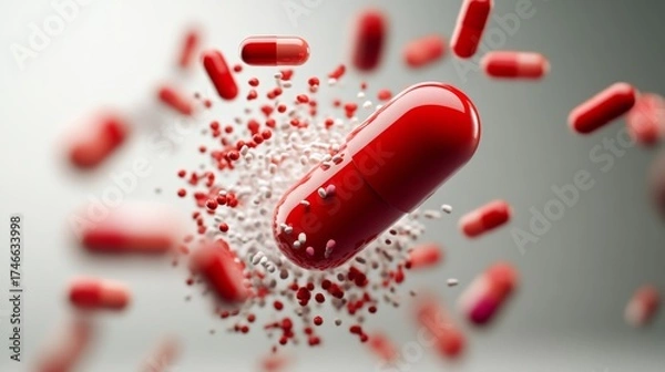 Fototapeta Dynamic pharmaceutical action conceptual visualization health industry abstract environment close-up viewpoint innovative medicine