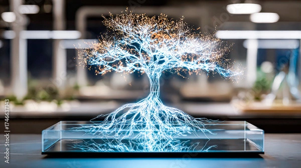 Fototapeta Tree of Life Hologram: Glowing branches and roots above a glass platform