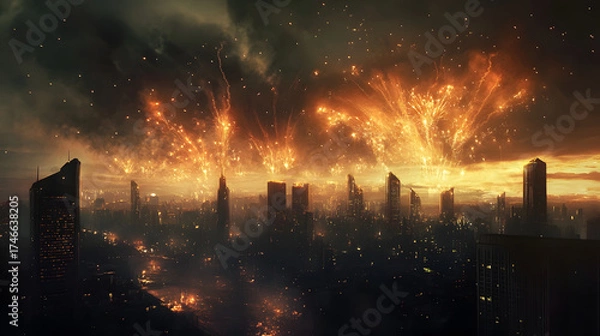 Fototapeta Spectacular fireworks illuminate the night sky over a futuristic cityscape, casting a warm glow on the towering buildings and creating a festive atmosphere