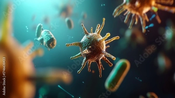 Fototapeta Microbial action virus movement in scientific visualization laboratory environment close-up view conceptual understanding of pathogens