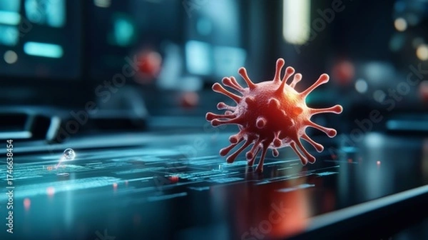Fototapeta Covid-19 virus close-up laboratory setting digital art high-tech environment macro view scientific concept for research and awareness