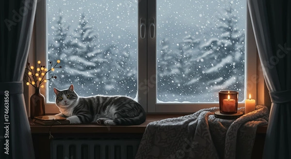 Obraz 雪降る窓辺でくつろぐ猫と冬の灯り