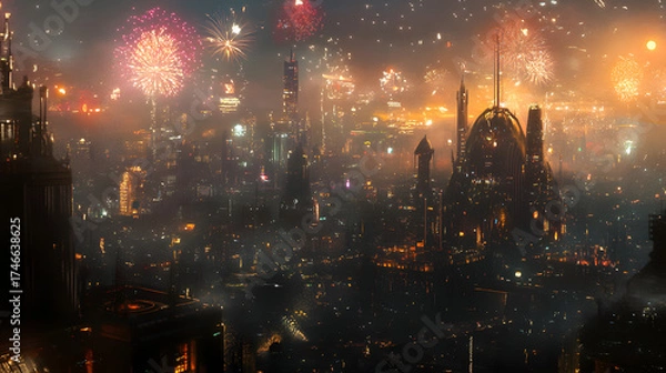 Fototapeta A vibrant fireworks display lights up the night sky above a fantastical cityscape, creating a magical and enchanting scene with colorful bursts of light