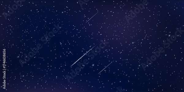 Fototapeta Night starry sky with sparkling stars and flying meteorites. Realistic 3d vector illustration on a dark background.