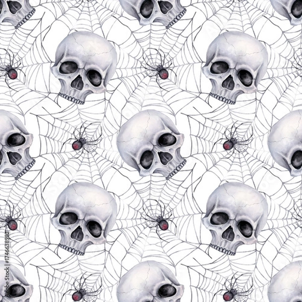 Fototapeta Seamless pattern with grey skulls, cobwebs, and red-bellied spiders. It is painted in watercolor for printing, fabric, cover, wrapping paper, wallpaper.