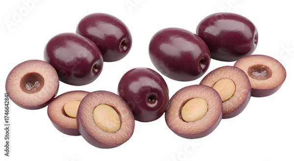 Fototapeta Close-up of shiny juicy chocolate-covered almonds with some cut in half showing the nut inside, perfect for dessert presentations