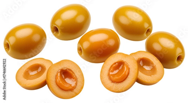 Obraz Fresh golden yellow plums whole and halved showing juicy flesh isolated on white background, perfect for healthy food articles