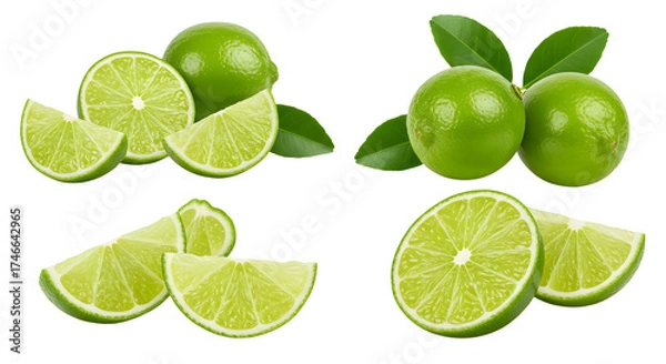 Fototapeta Fresh green limes whole and sliced with leaves isolated on white background, perfect for food and beverage projects