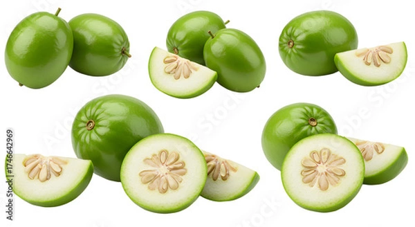Obraz Fresh green guava fruit whole and sliced with white background, healthy tropical fruit perfect for smoothies and cooking