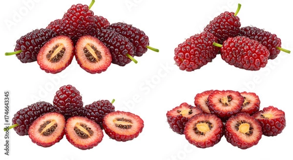 Fototapeta Fresh ripe red bayberries whole and sliced with vibrant color and texture, healthy fruit close-up for cooking and nutrition