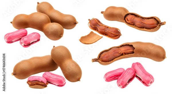 Obraz Fresh tamarind pods and seeds isolated on white background, tropical fruit close-up, healthy snack or ingredient in cooking