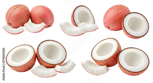 Obraz Fresh whole and cracked coconuts with white coconut meat isolated on white background, tropical fruit perfect for healthy recipes