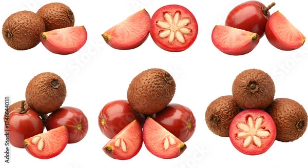 Obraz Fresh whole and sliced lychee fruit set on white background, tropical exotic fruit for healthy eating and cooking