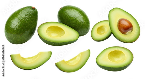 Obraz Ripe fresh avocados whole and sliced on white background for healthy cooking and nutritious meals