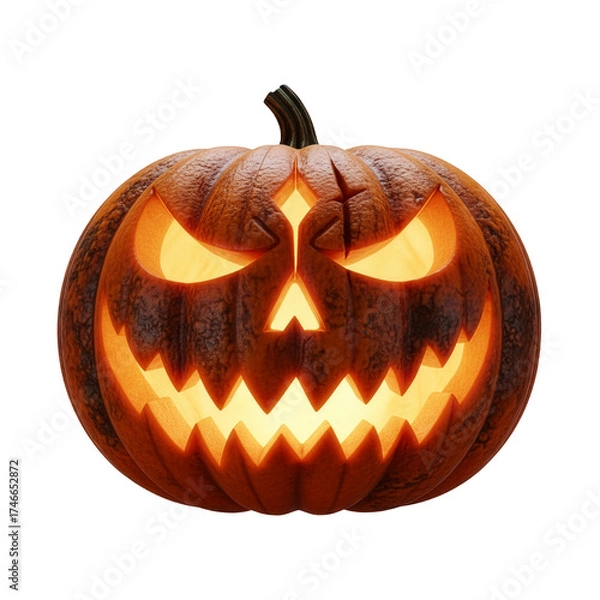 Fototapeta Scary jack o lantern carved pumpkin with glowing orange light isolated on transparent background