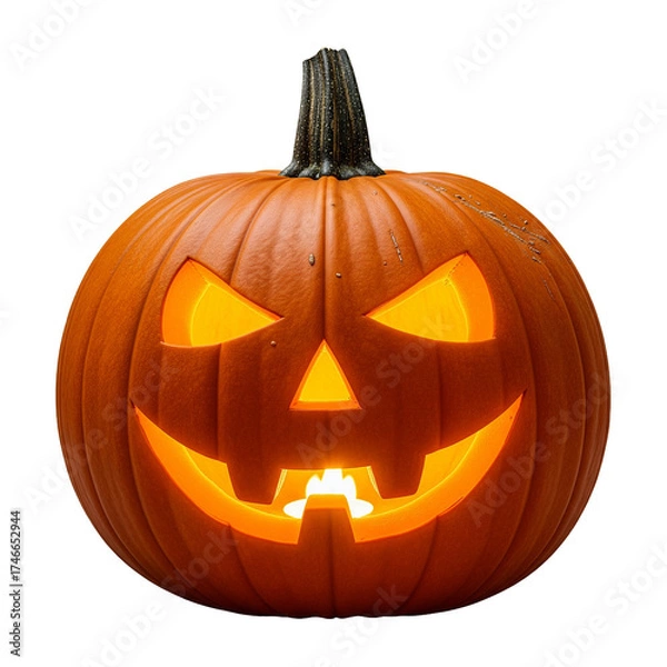Fototapeta A carved glowing halloween jack o lantern with a spooky face illuminated from within isolated on transparent background