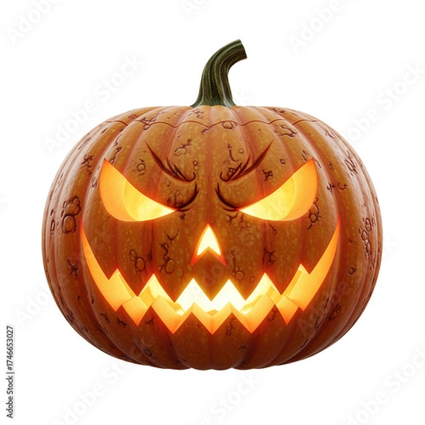 Fototapeta Spooky carved halloween pumpkin with glowing orange light and a menacing face isolated on transparent background