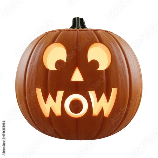 Fototapeta Carved halloween pumpkin with a surprised expression and the word wow glowing brightly isolated on transparent background