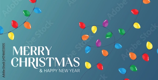 Fototapeta Merry Christmas banner, with traditional Christmas lights and, colorful string. Minimalist trendy banner with, Christmas