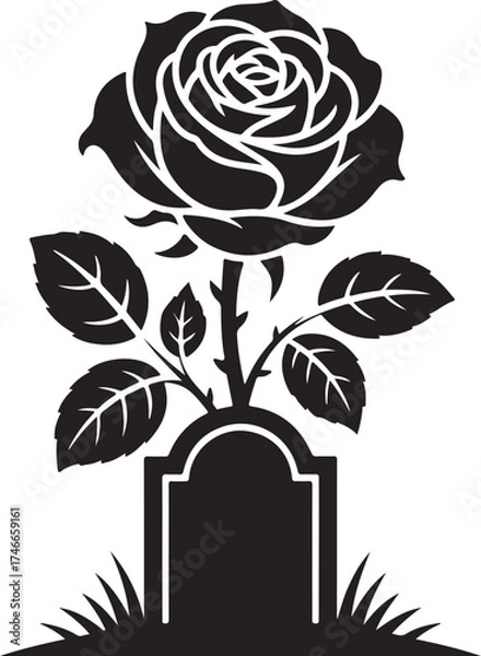 Obraz Vector Illustration of a Rose Growing from a Tombstone representing Hope Love and Remembrance in Black Silhouette