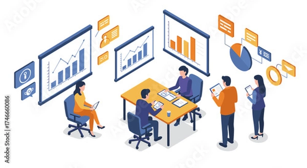 Fototapeta Business meeting analysis with isometric charts and teamwork in modern office setting